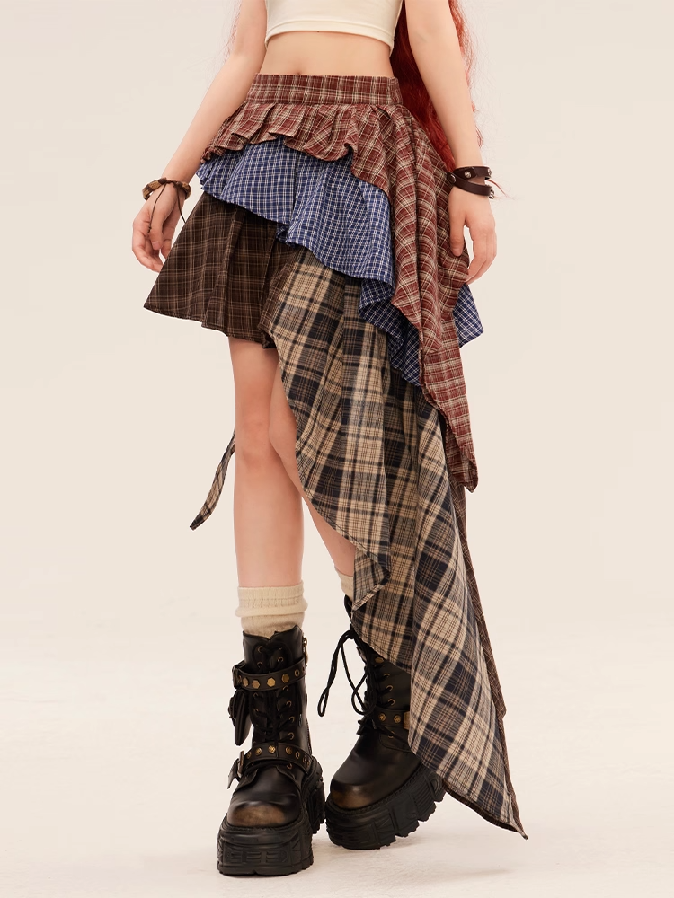 Red Plaid Asymmetrical Hem Vintage Tiered Skirt