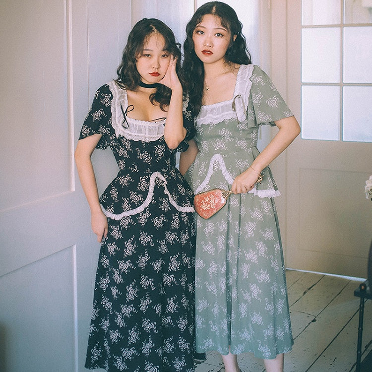 Blackberry and Laurel Vintage Lace Square Neckline SHort Sleeves Long Dress