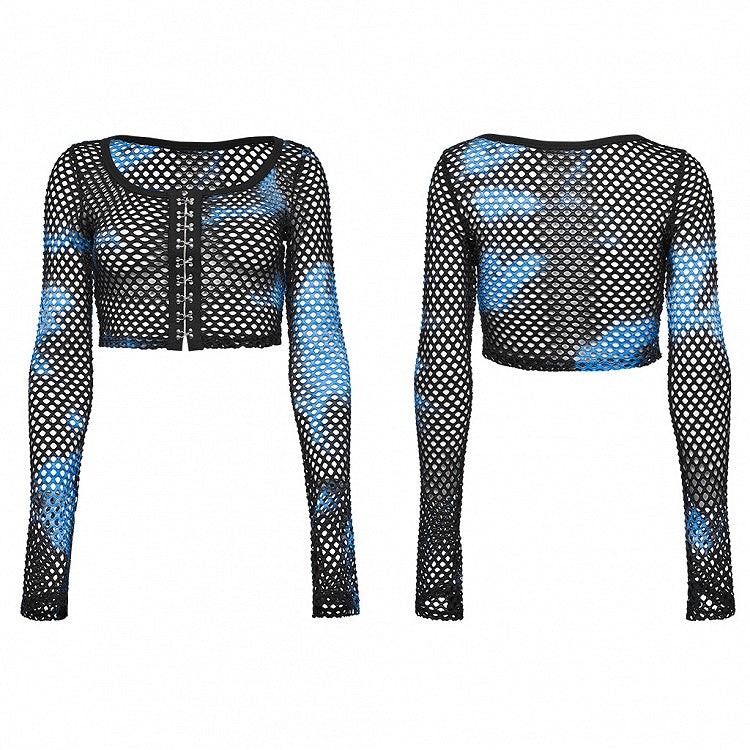 Black and Blue Punk Tie-dyed Mesh Long Sleeve T-shirt