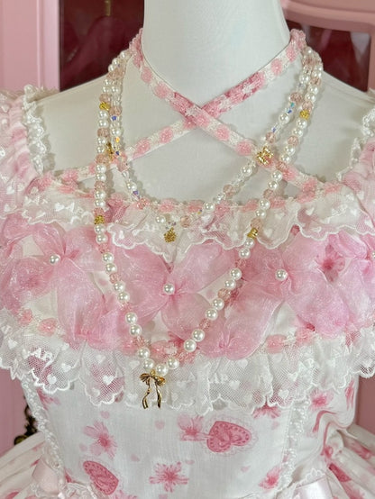 Pink/Blue Bowknot And Floral Pendant Beaded Necklace