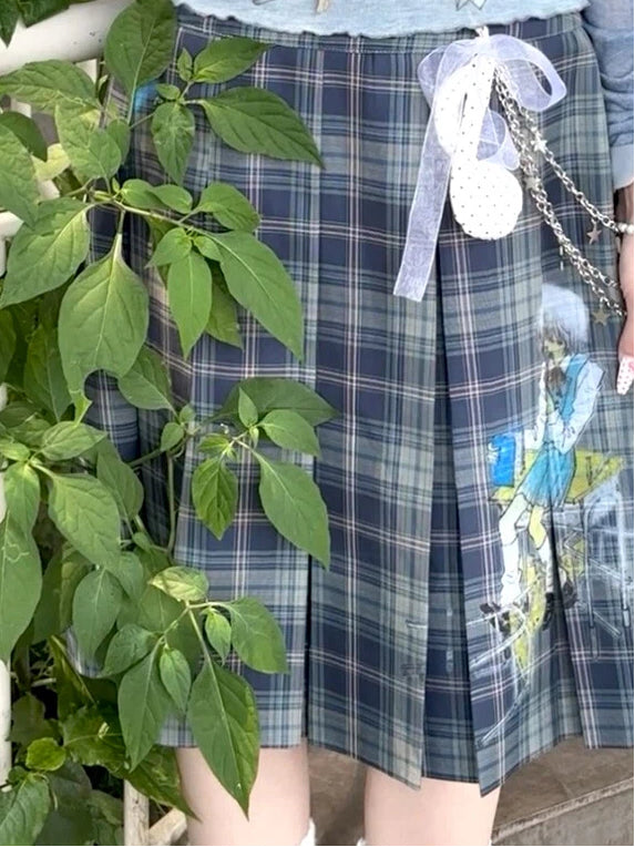 Blue Box Pleat Vintage Printed Plaid Skirt