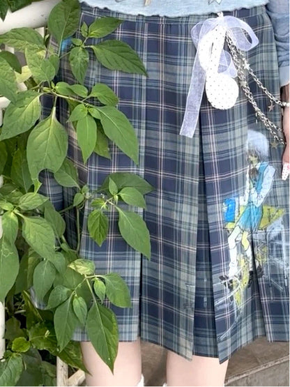 Blue Box Pleat Vintage Printed Plaid Skirt