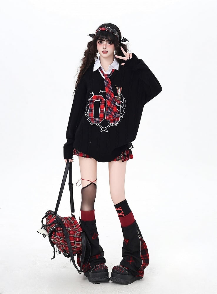 Y2K Style Plaid Leg Warmers in Black & White / Red & Black Colorblock with Star Appliques
