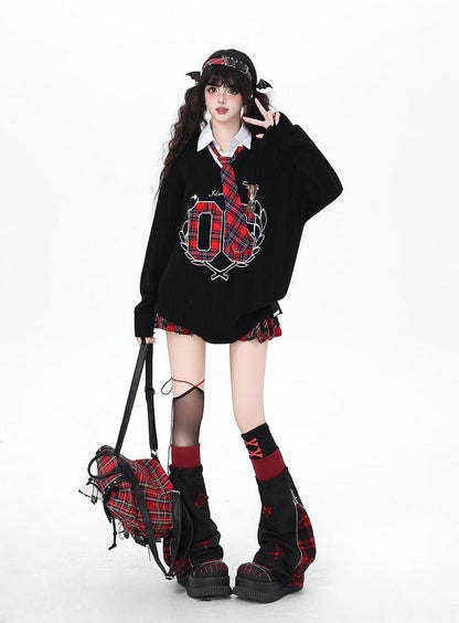 Y2K Style Plaid Leg Warmers in Black & White / Red & Black Colorblock with Star Appliques