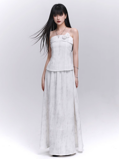Off-white Floral Embellished Strapless Top / Elastic Waist Skirt