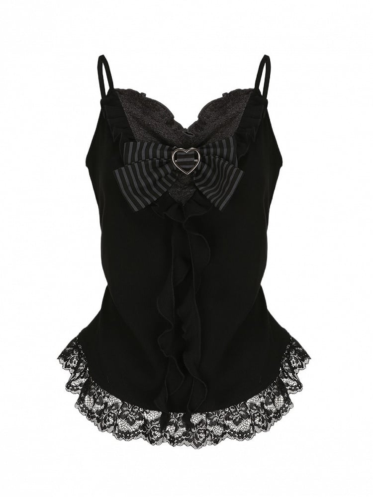 Plus Size Black Lace-trimmed Cami Top with Heart Buckle Striped Bow & Cascading Ruffles