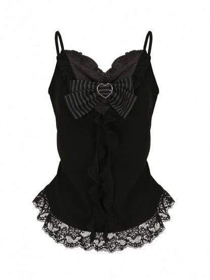 Plus Size Black Lace-trimmed Cami Top with Heart Buckle Striped Bow & Cascading Ruffles