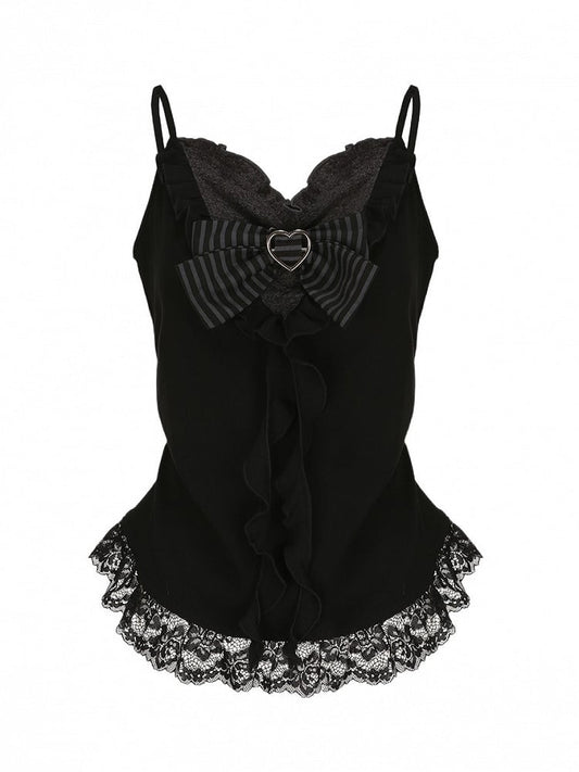 Plus Size Black Lace-trimmed Cami Top with Heart Buckle Striped Bow & Cascading Ruffles