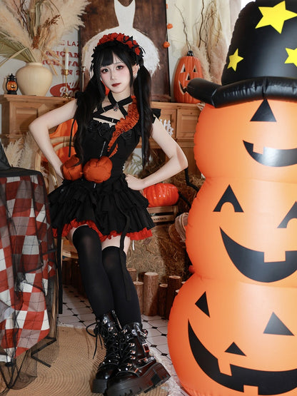 Fan Art Fashion Miss Devil Black Dress with Pumpkins Crossbody Full Set