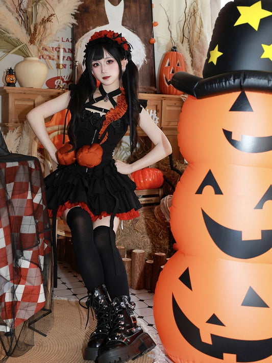 Fan Art Fashion Miss Devil Black Dress with Pumpkins Crossbody Full Set