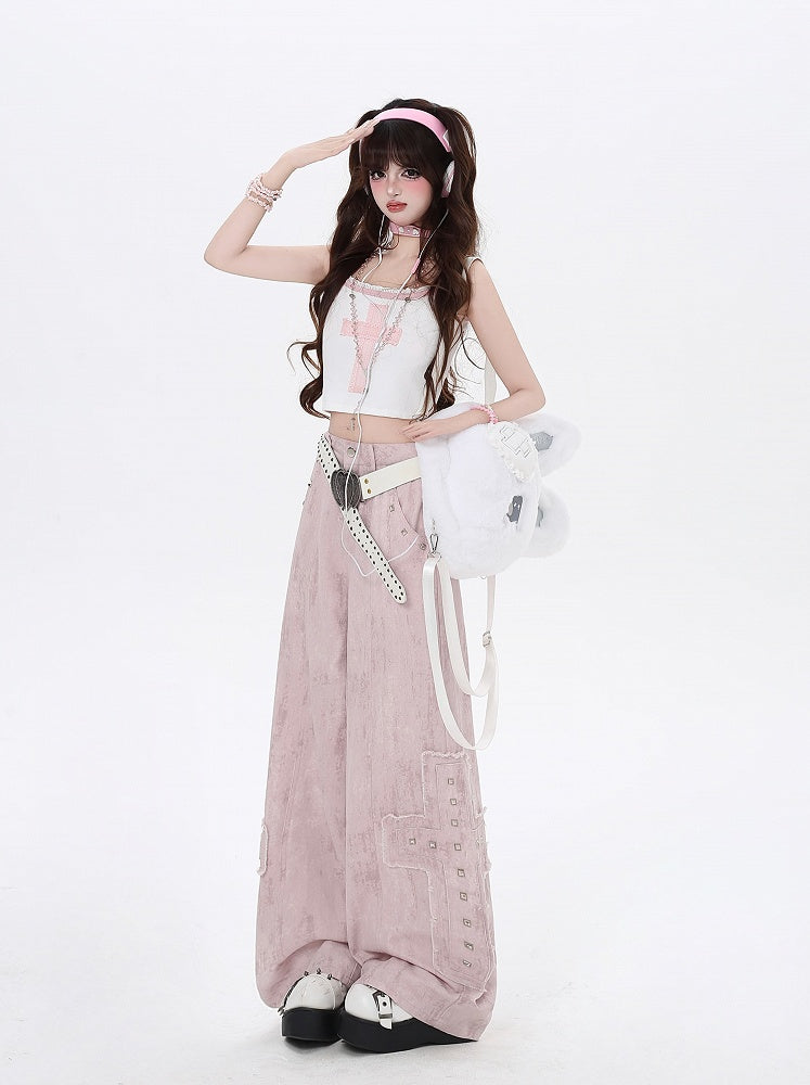 Light Pink Low Waist Studded Cross Appliques Wide-Leg Jeans