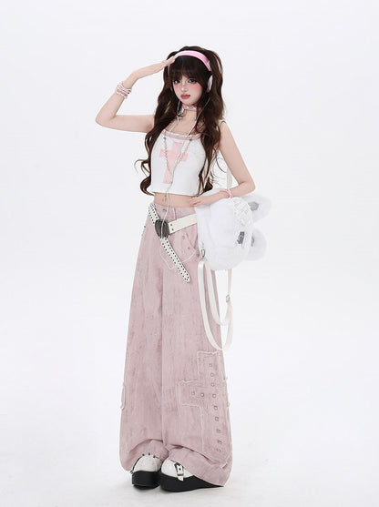 Light Pink Low Waist Studded Cross Appliques Wide-Leg Jeans