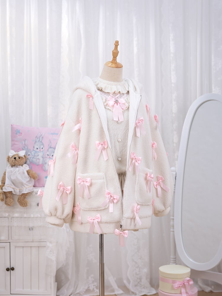 Allover Pink Bows Jirai Kei Bunny Ears Hooded White Fleece Zip Hoodie