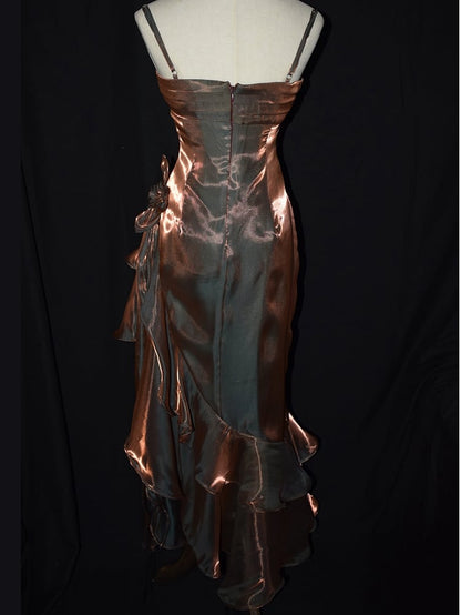 Khaki Vintage Floral Dress Asymmetrical Hem Prom Gown