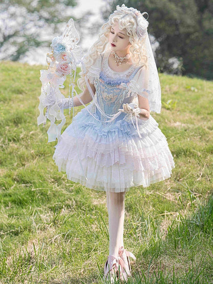 Blue Princess Lolita Corset Dress Floral Embroidery Jumper Skirt