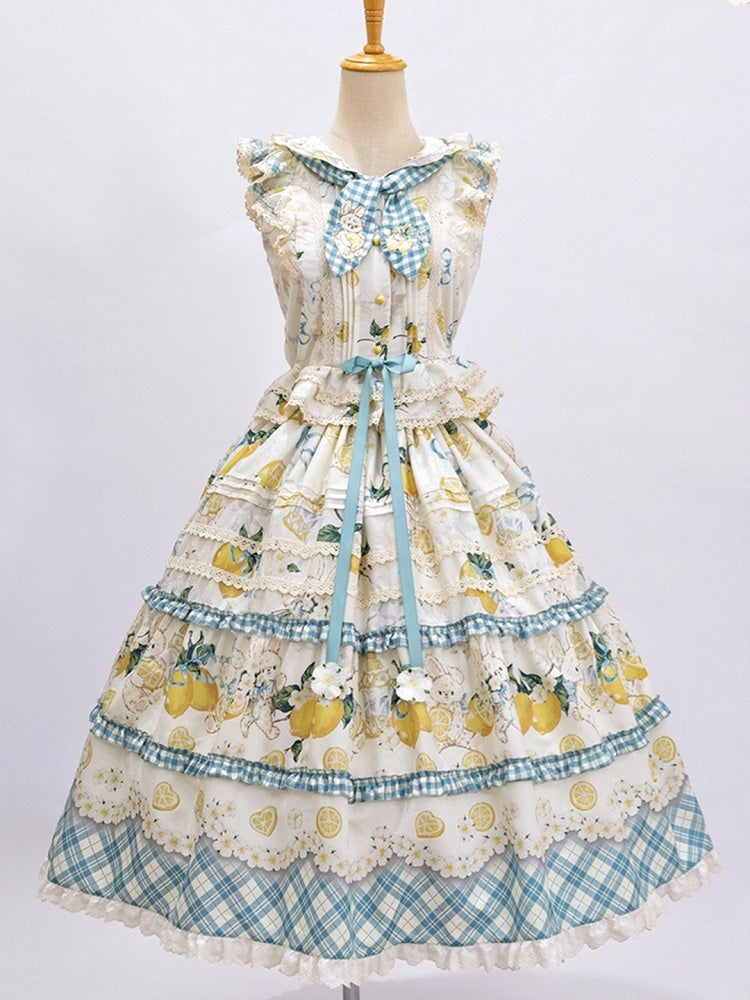 Blue & Yellow Country Lolita Bunny Ear Hooded Top + Print Ruffled Skirt + Embroidered Triangular Headscarf Set