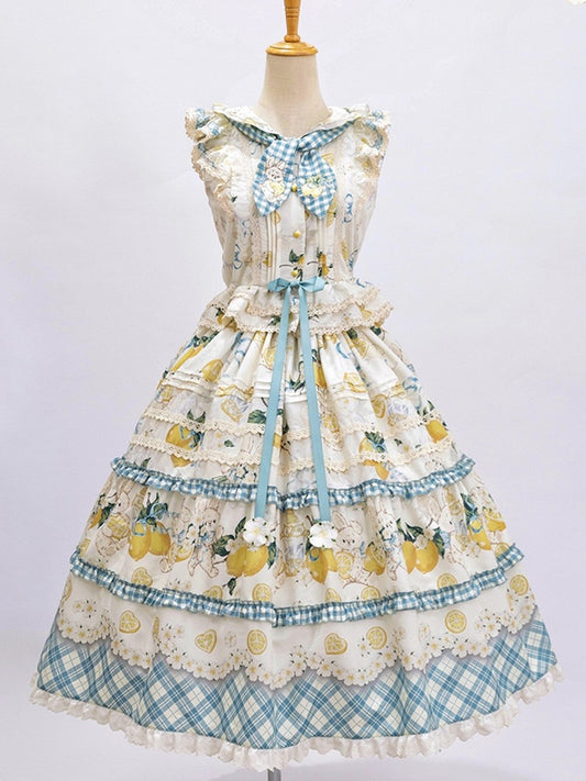 Blue & Yellow Country Lolita Bunny Ear Hooded Top + Print Ruffled Skirt + Embroidered Triangular Headscarf Set