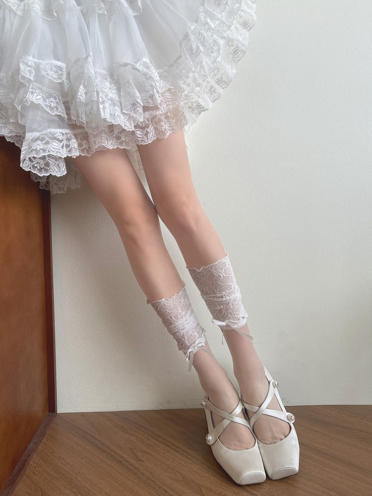 White Lace Ruffled Semi-sheer Calf Socks