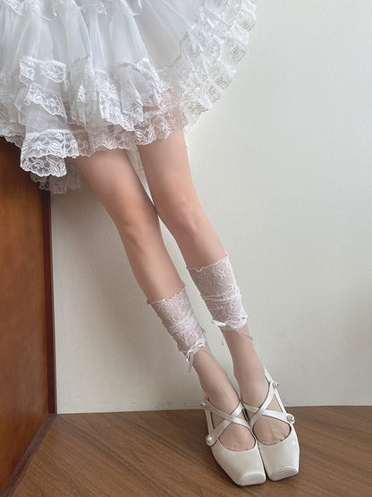 White Lace Ruffled Semi-sheer Calf Socks
