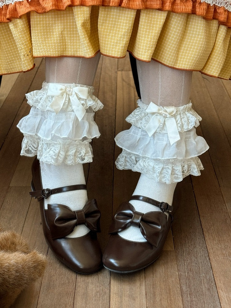 Brown PU Classic Lolita Shoes - Mary Janes with Mid Heel, Bow Accents & Decorative Heart Buckle