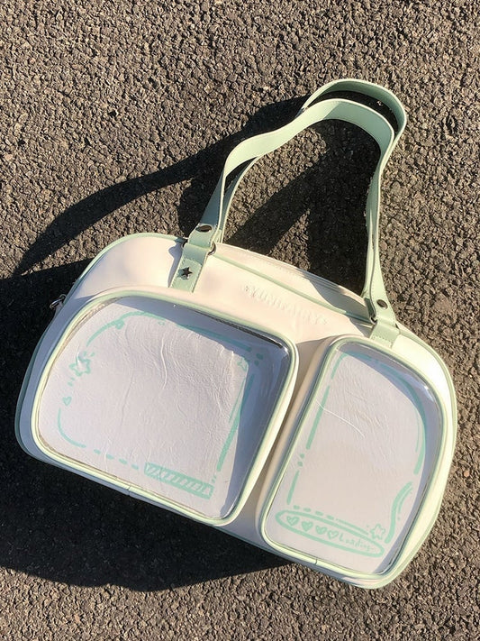 White & Green Contrast Trim Bread-shaped Ita Shoulder Bag