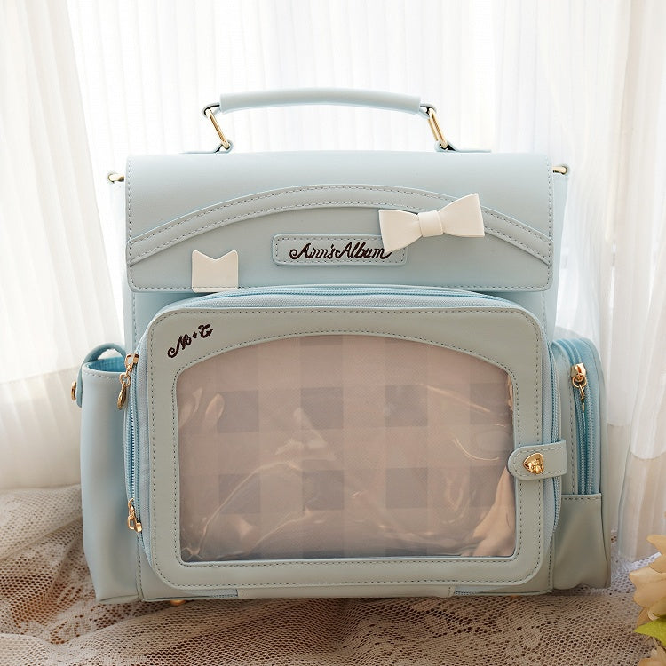 Blue 2-Way Ita Bag With Transparent Window And Bow Decoration