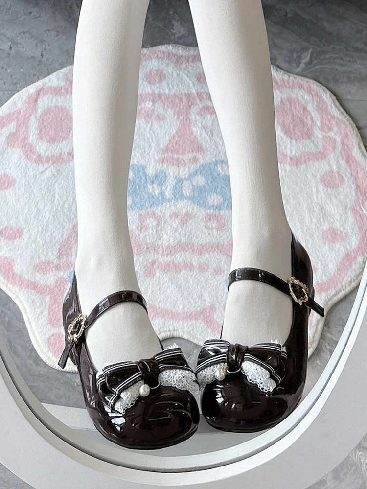 Dark Brown Lace Trim and Bead Charm Decorated Bowknot Sweet Lolita Mary Janes