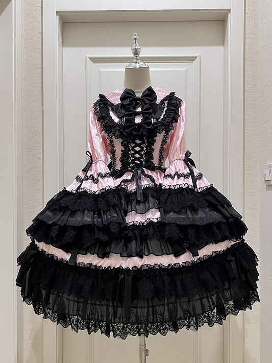 Black and Pink Tiered Ruffle Skirt Bows Decorated Long Bell Sleeves Lolita Dress