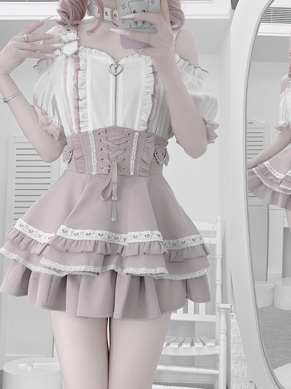 Jirai Kei Heart Buckles Lace-up Front and Back White and Pink Tiered Skirt