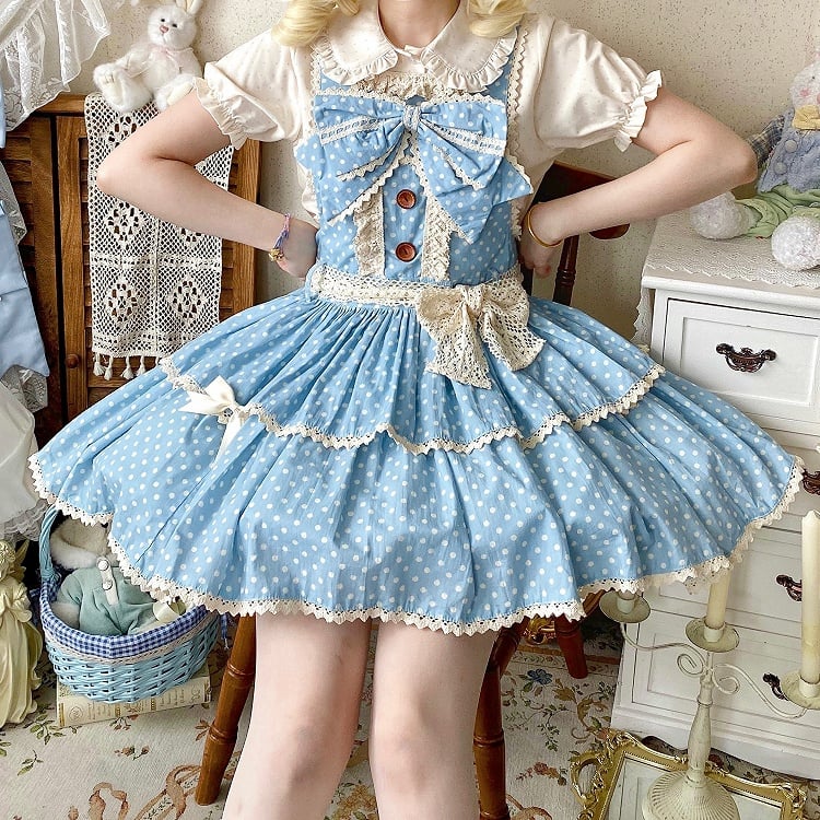 Blue Polka-dot Pattern Old School Lolita Overall Dress