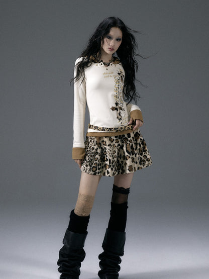 Beige Fake Two-Piece V-Neck Top with Cross Applique