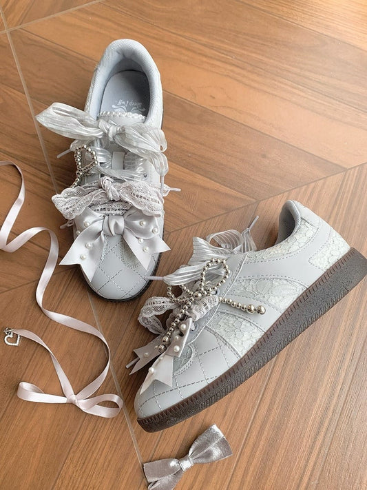 Gray Beaded Decorated Bow at Top Lace Front Lace-up Ties Sneakers