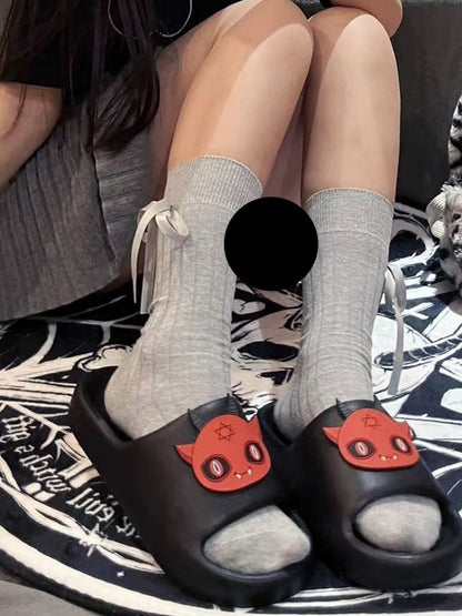 Black Gothic Summer Slippers With Red Devil Applique