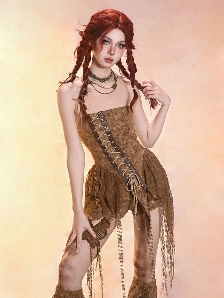 Y2K Retro Vintage Distressed Asymmetrical Denim Bustier Top – Summer Essential in Desert Dunes