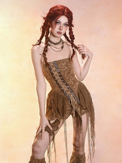 Y2K Retro Vintage Distressed Asymmetrical Denim Bustier Top – Summer Essential in Desert Dunes