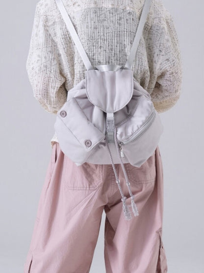 Chic Grey Drawstring Backpack With Flap Closure