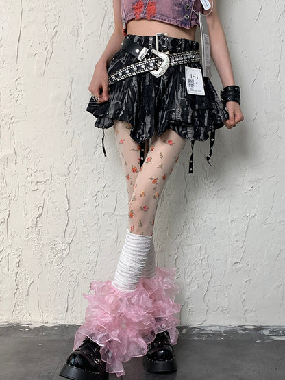 White Y2K Floral Pattern Tights + White&Pink Y2K Multi-layered Lace Trim Leg Sleeves Set
