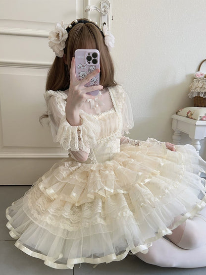 Apricot Bows Print Basque Waist Balletcore Lolita Jumper Skirt