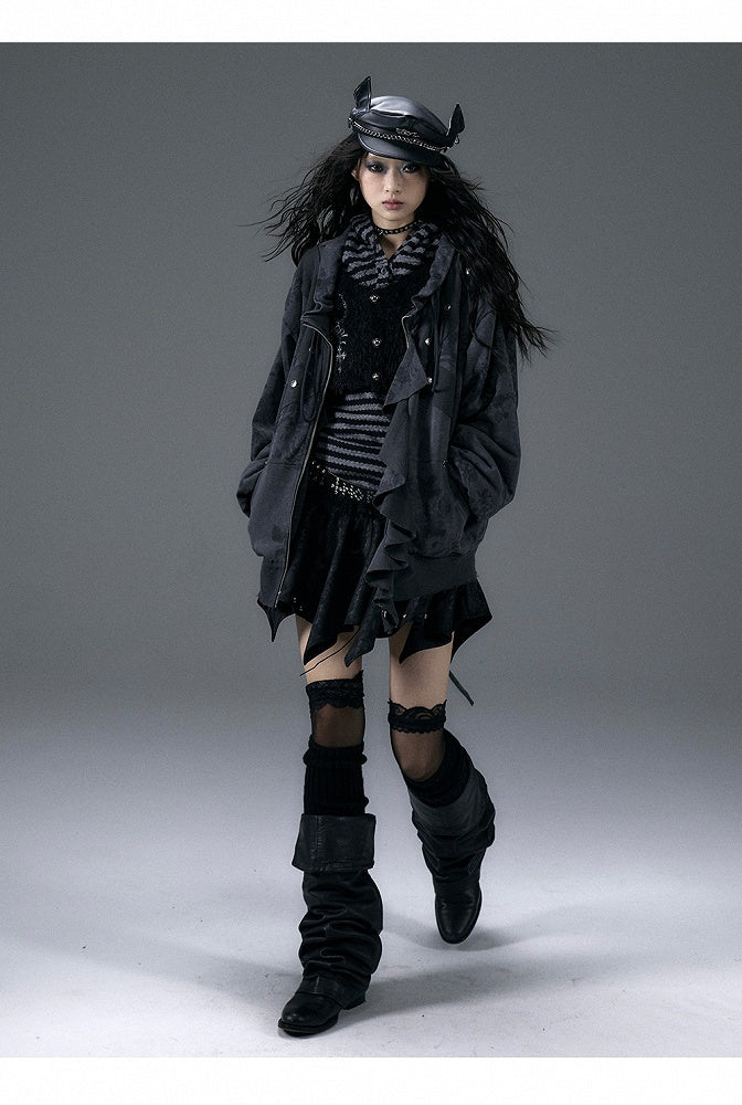 Black&White Stripe/Grey Rose Pattern Jacket with Flounce Hem