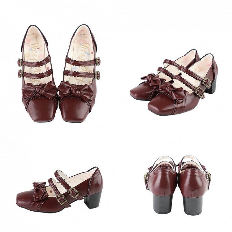Wine Red Bow at Top Sweet Lolita Shoes
