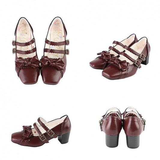 Wine Red Bow at Top Sweet Lolita Shoes
