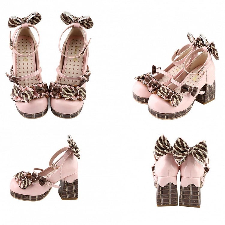 Pink&Brown Striped Bowknot Details Heart Buckle Chocolate Platform High Block Heels Mary Janes