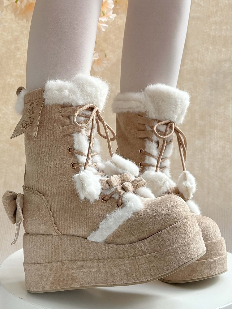 Light Brown Sweet Lolita Platform Boots with Cozy Fleece Lining, Lace-up Closure & Bow Details