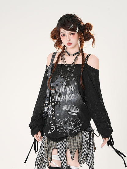 Off-the-shoulder Neckline Criss-cross Design Drawstring Sleeves Black Loose Coverup