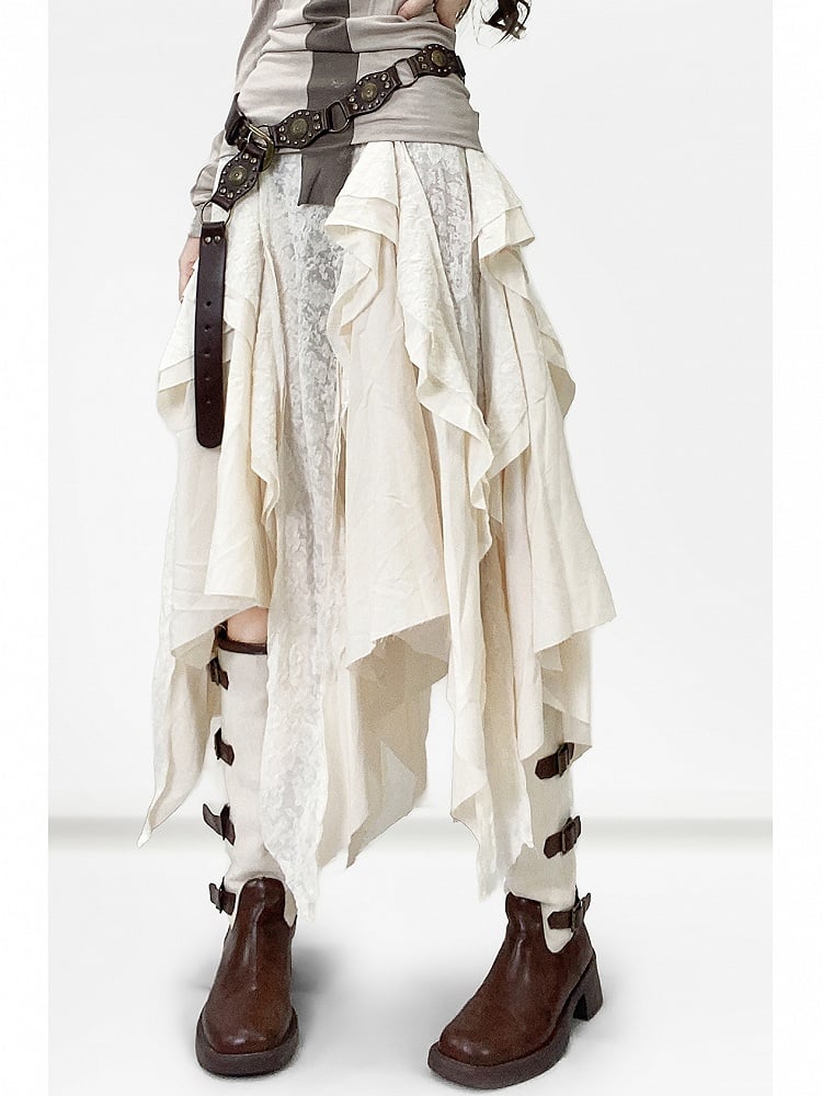 White Contrast Lace Patches Asymmetrical Hem Skirt