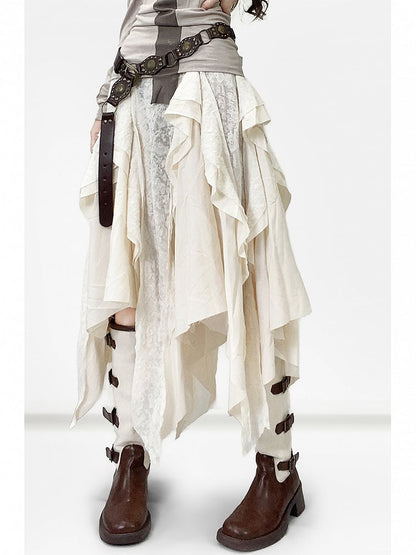 White Contrast Lace Patches Asymmetrical Hem Skirt