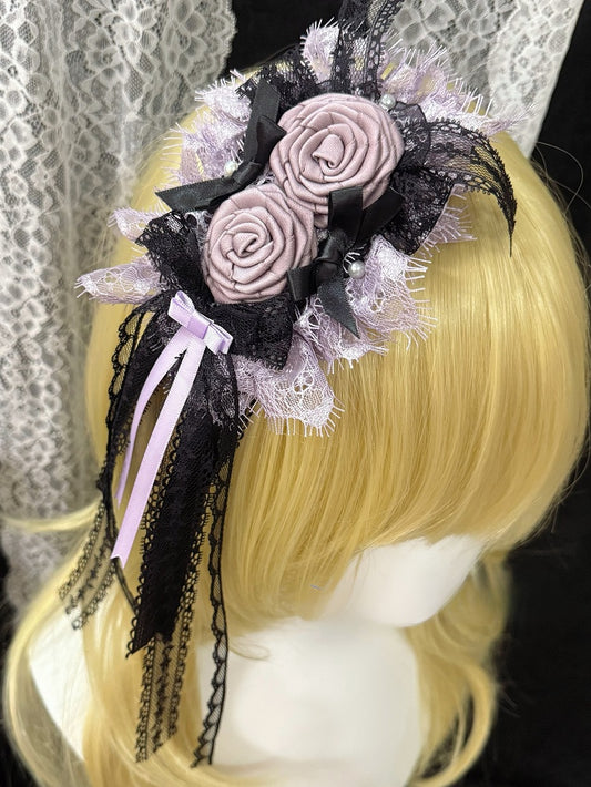 Purple&Black Bowknot Details Lace Trim Floral Design Hairclip