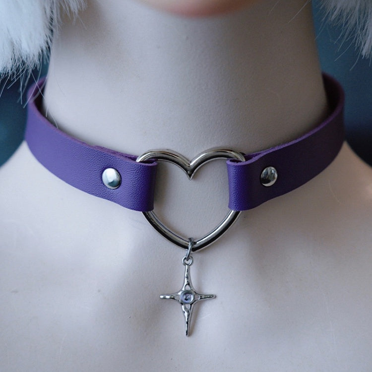Purple Gothic Cross Pendant Heart Choker