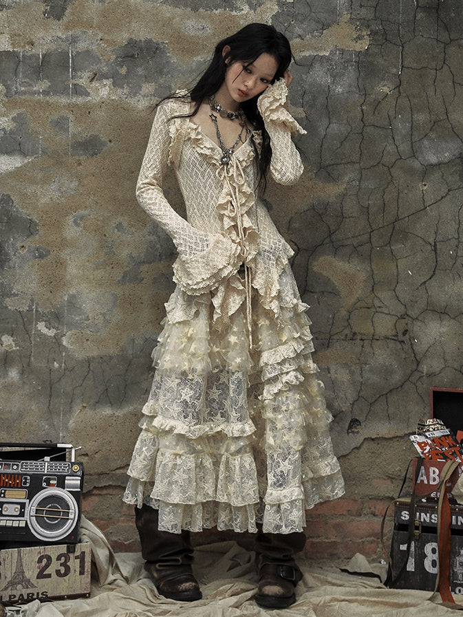 Apricot Vintage Ruffles Bell Sleeves Slim Fit Top