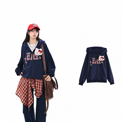 Red Plaid Embroidery Applique Navy Blue Zip-up Hoodie with Detachable Kitty Plushie
